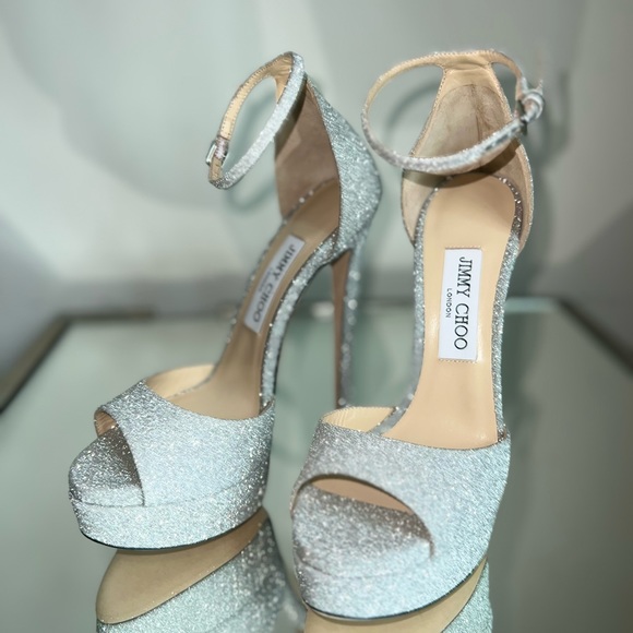 Jimmy Choo Max 150 Metallic Silver Glitter Fabric Platform Stiletto Sandals 37 - Picture 15 of 17
